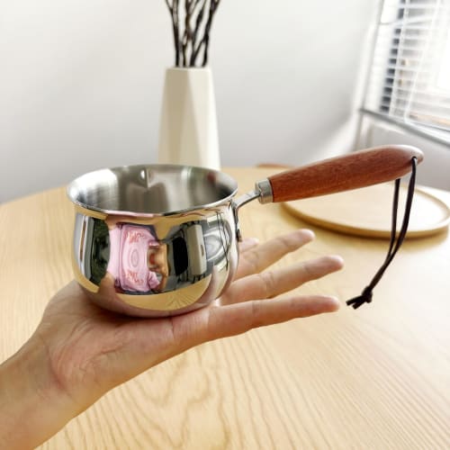 IMEEA Milk Pan, Saucepan, 18-10 Stainless Steel, Induction Compatible, 250ml, Graduated Milk Pan, Mini Saucepan, Wooden Handle