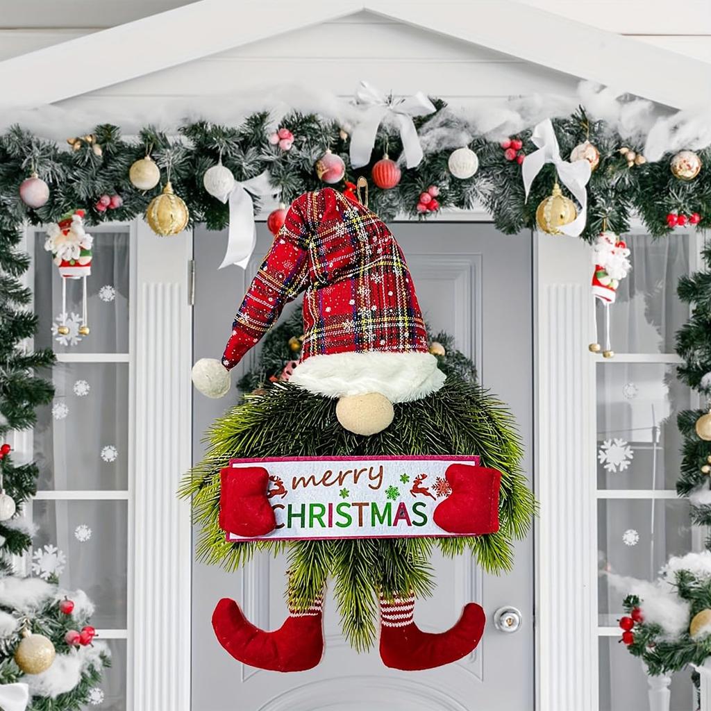Christmas Wreath Needle Christmas Door Wreath Gnome For Window, Hanging Ornament Swedish Tomte Christmas Decorations Wreath For Room Window Porch