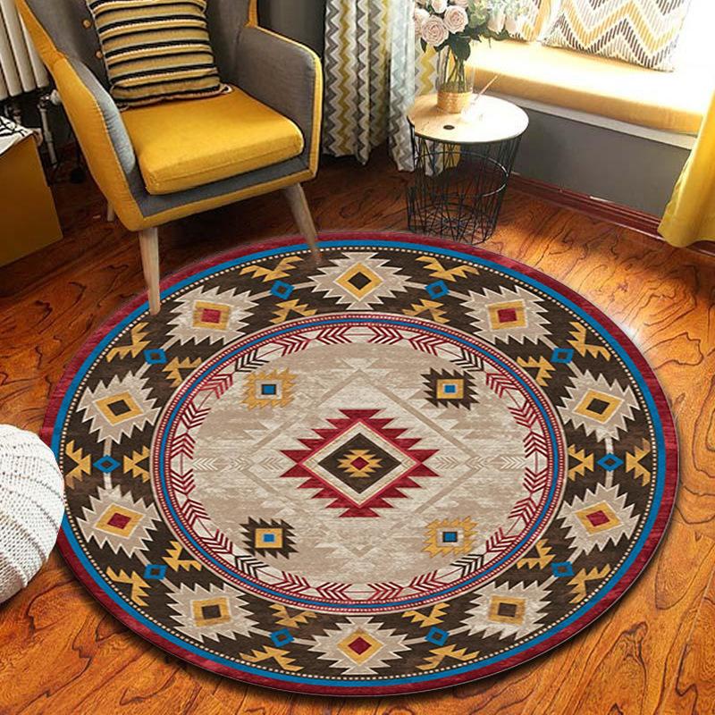 American Ethnic Circular Carpet Retro Anti Slip Rug Farmhouse Living Room Bedroom Winter Warm Home Decoration Mat