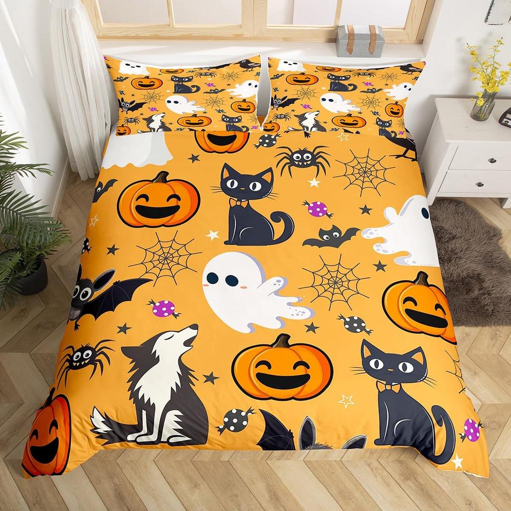 Comforter Halloween Bats Glitter Stars Galaxy Gothic Bedding Set Cute Cartoon Watercolor Bat Comforter Twin Queen Size