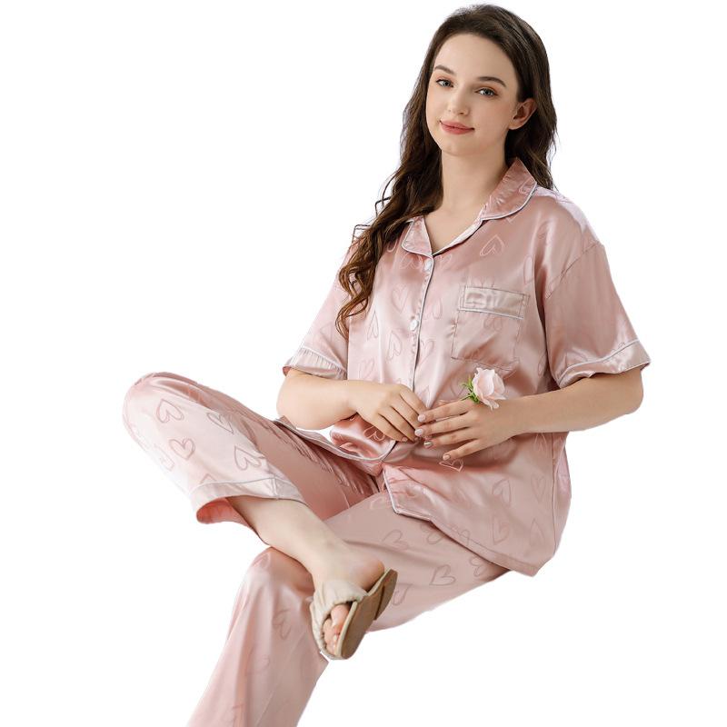 Cool Ice Silk Pajamas Women'S Autumn Short-Sleeved Trousers Love Printing Casual Loose Loungewear Set