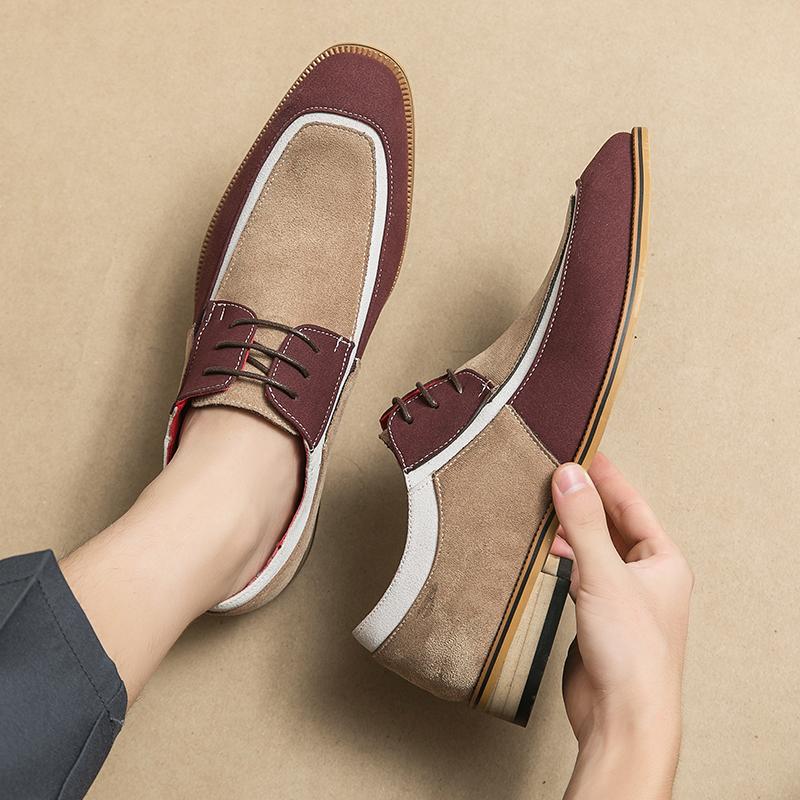 Fashion Trends Men Oxford Shoes Color Block Suede Casual Dress Mans Lace Up Shoes Office Business Wedding Driving Leather Shoes