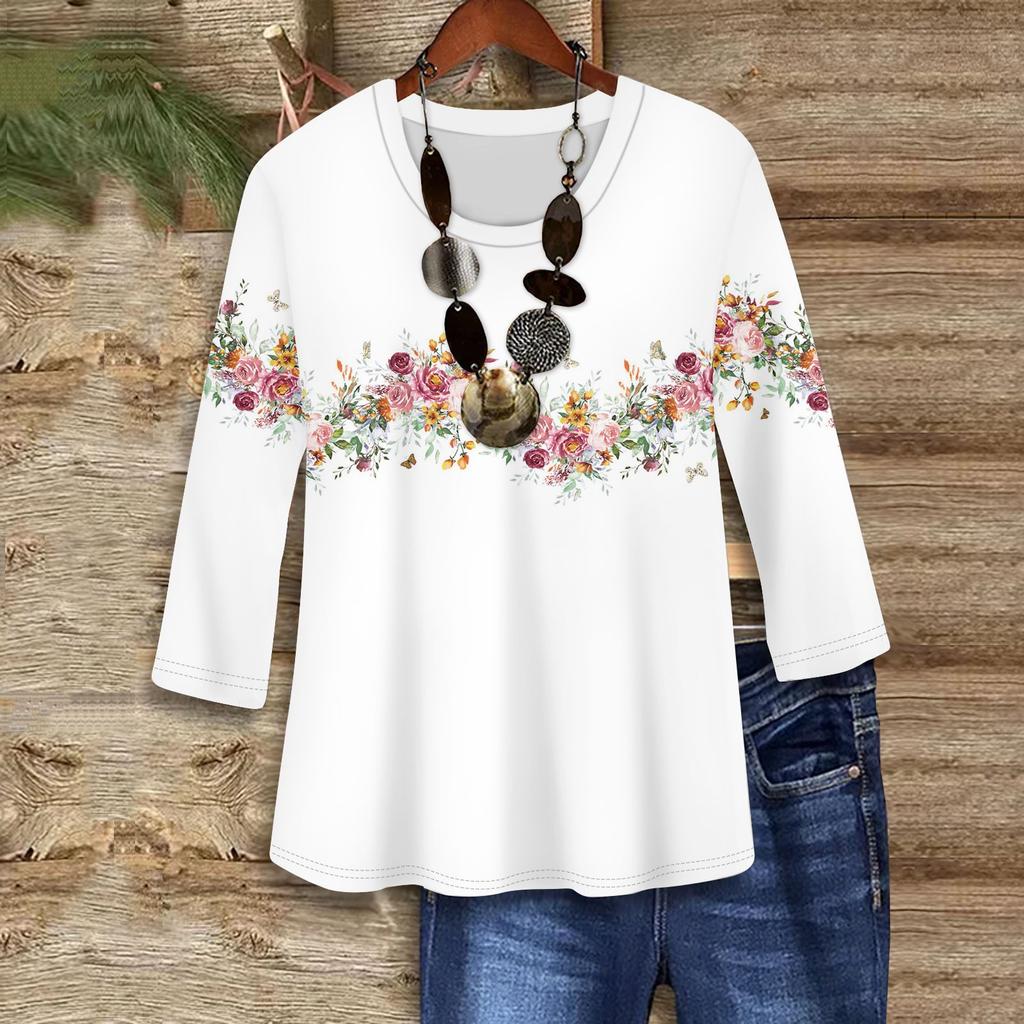 3/4 Sleeve Shirts For Women Cute Print Graphic Tees Blouses Casual Plus Size Basic Tops Pullover