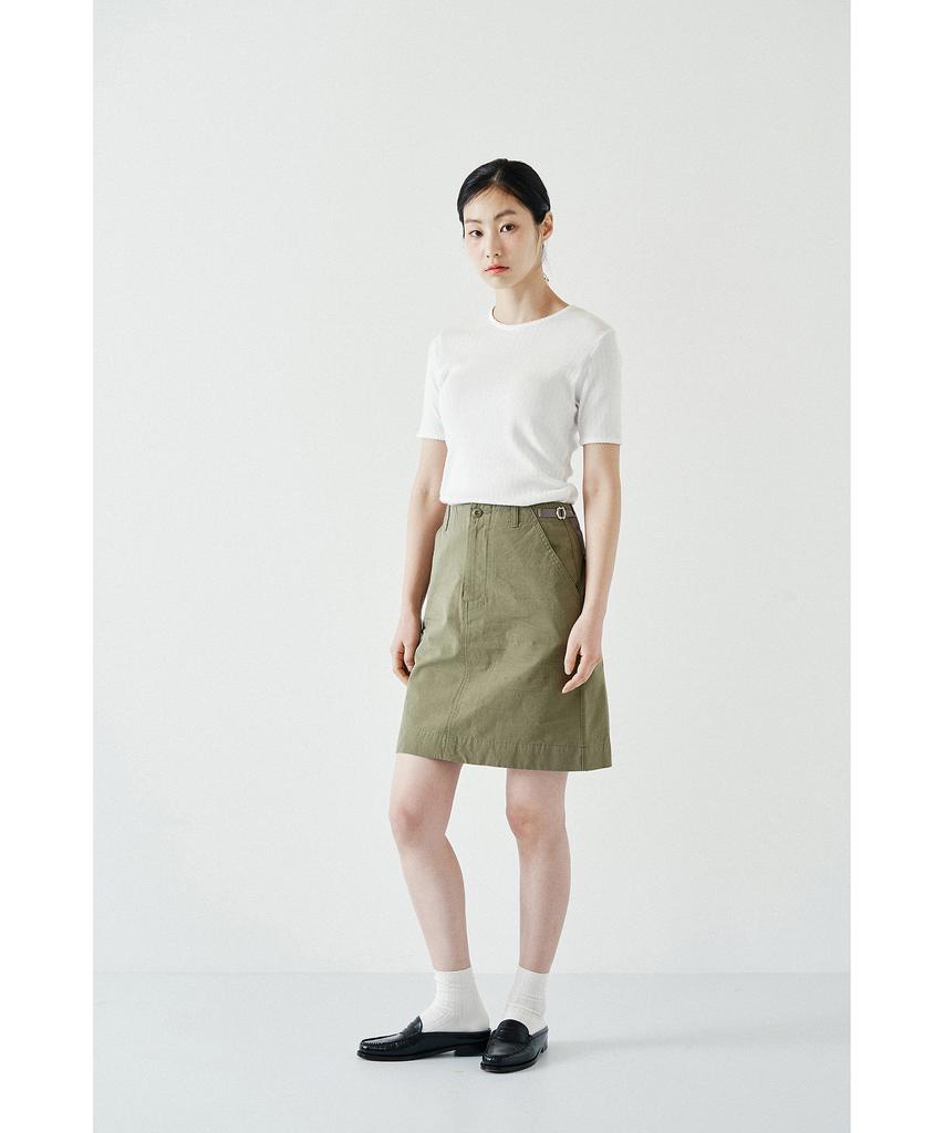 Cotton Bell Midi Side Belt Skirt - Khaki