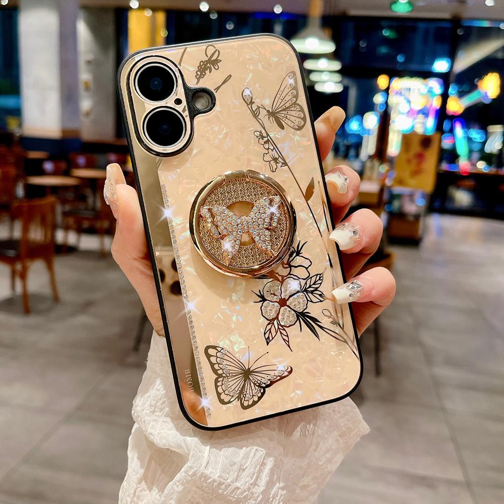 KEYSION Luxuxy Case for iPhone 16 Plus 16 Pro Max Butterfly Ring Stand Shockproof Phone Back Cover for iPhone 13 14 15 Pro Max