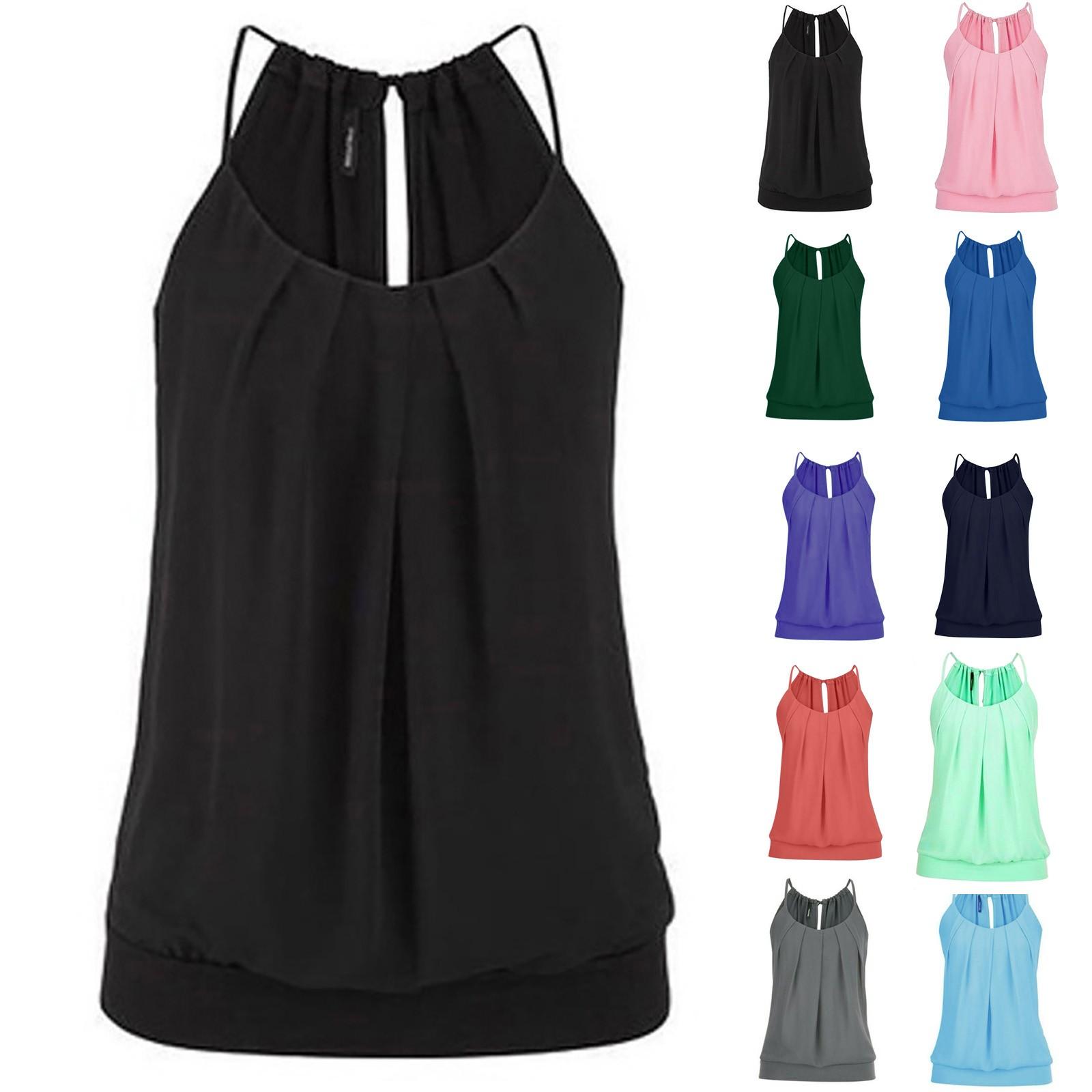 

Women s Summer Fashion Round Neck Solid Color Loose Pleated Camisole Top