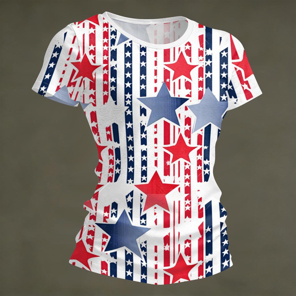 Women's Fashion Round Neck Independence Day Print Short Sleeve Loose Crewneck T-Shirt Top