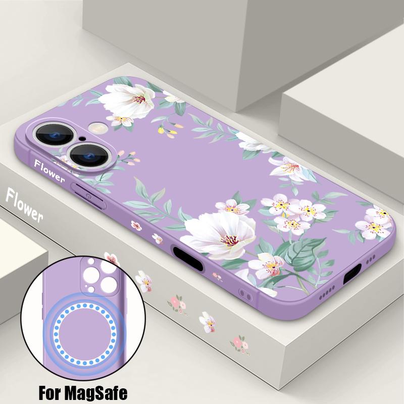 Magnetic For Magsafe Black-white Flower Case For iPhone 16 Pro Max Coque iPhone 15 Pro Max 14 13 11 17 Built-in Metal Plate Case