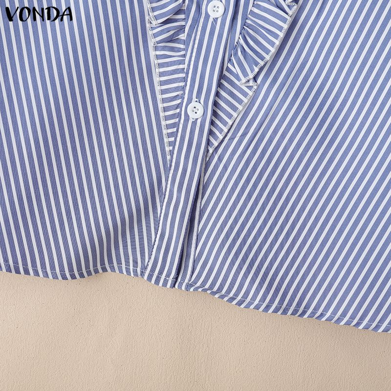 VONDA Womens Casual Stand Neck Ruffled Hem Striped Print Loose Long Sleeve Blouse