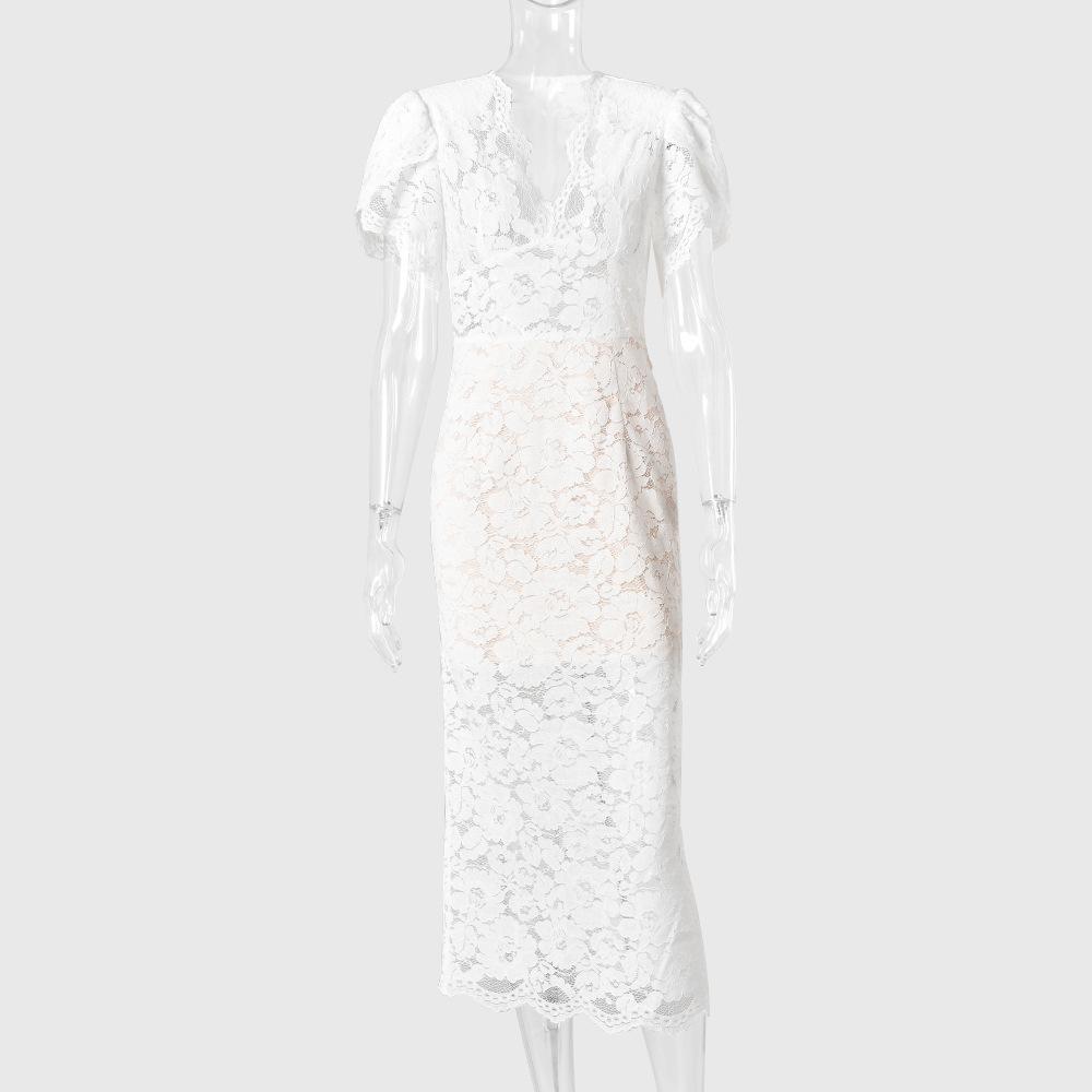 New elegant light luxury solid color lace dress sexy slim V-neck bubble sleeve long dress women