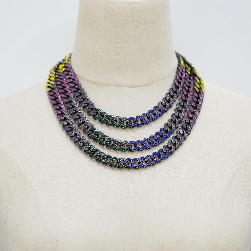 JEWELRY TAKEDA Iced Out Rainbow Cuban Chain Necklace with Black Wide Streetwear 14mm Length Rhinestones, Plated, Chain, Men's Accessory, Width,