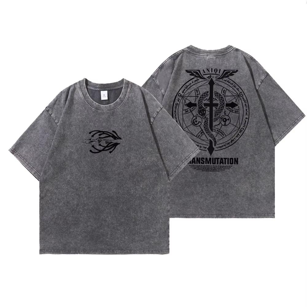 Vintage Washed Anime Fullmetal Alchemist T Shirt Harajuku Oversize Cotton Tshirts Men Women Tee Cotton Fashion Streetwear Top