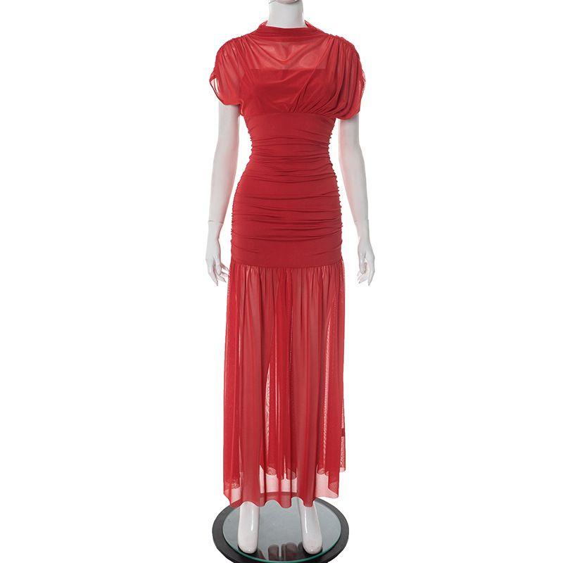 

Outfitgirl5 Fancy Red See-through Mesh Patchwork Short Sleeve Pleated Waist Tight Dress Party Dress Red S