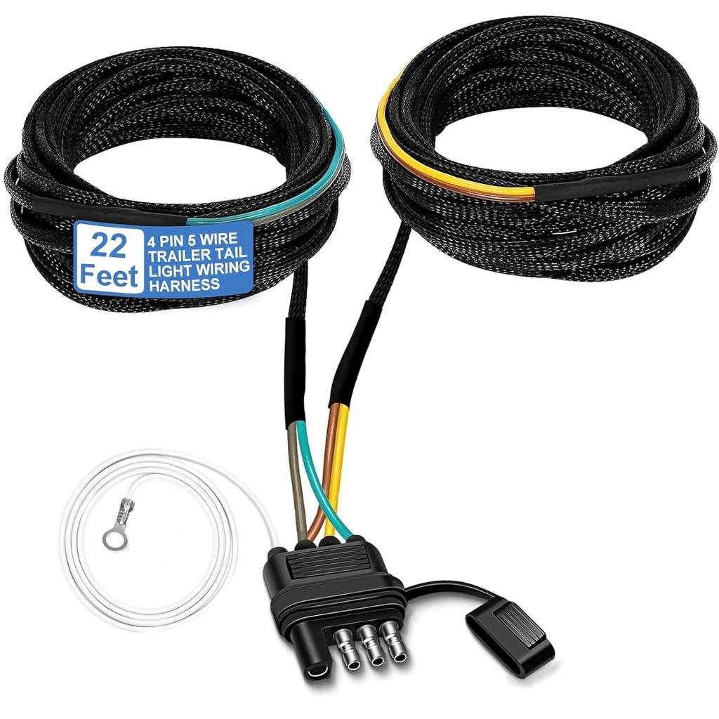 22 Ft 4-Pin 5-Wire Trailer Wiring Harness With Nylon Mesh Protection, A Trailer Light Kit Suitable For Re-Wiring The Tail Lights, Brake Lights, And