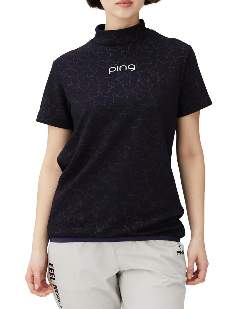 Short Sleeve High Neck Shirt 3D Embossed Golf M [Pin Apparel] Women's (UV Protection, Jacquard) / / 622-4167206 120_Navy