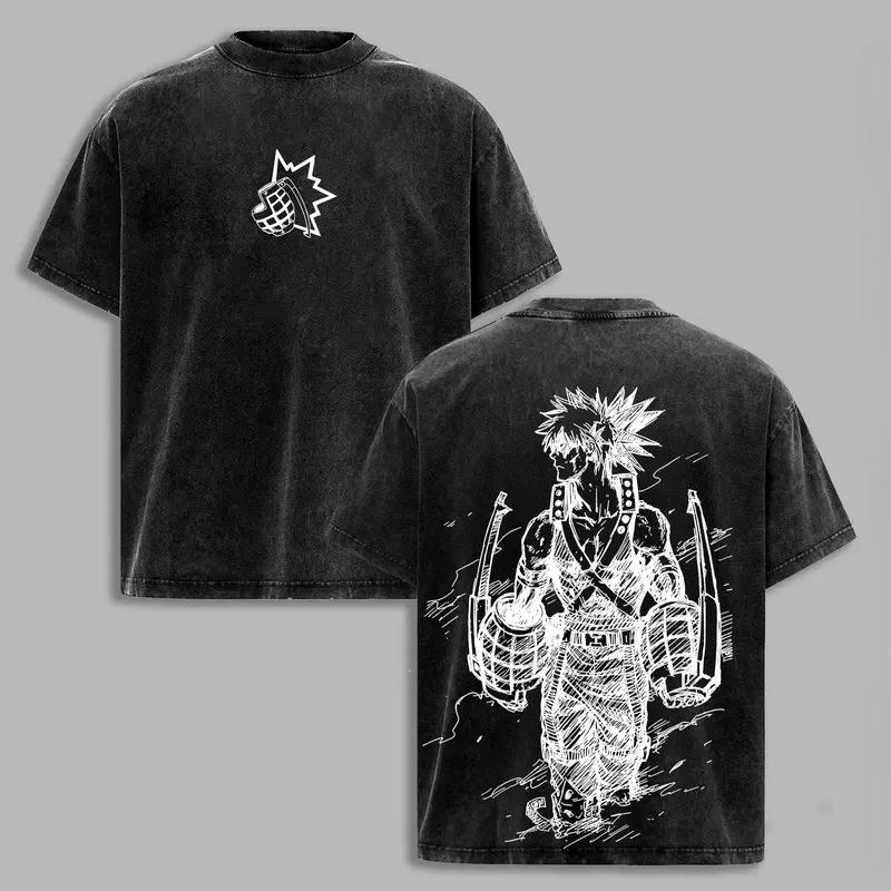 New Katsuki Bakugo Graphic T-shirt My Hero Academia Anime Washed Oversized T Shirt Men Women Clothing Cotton Short Sleeve Tees