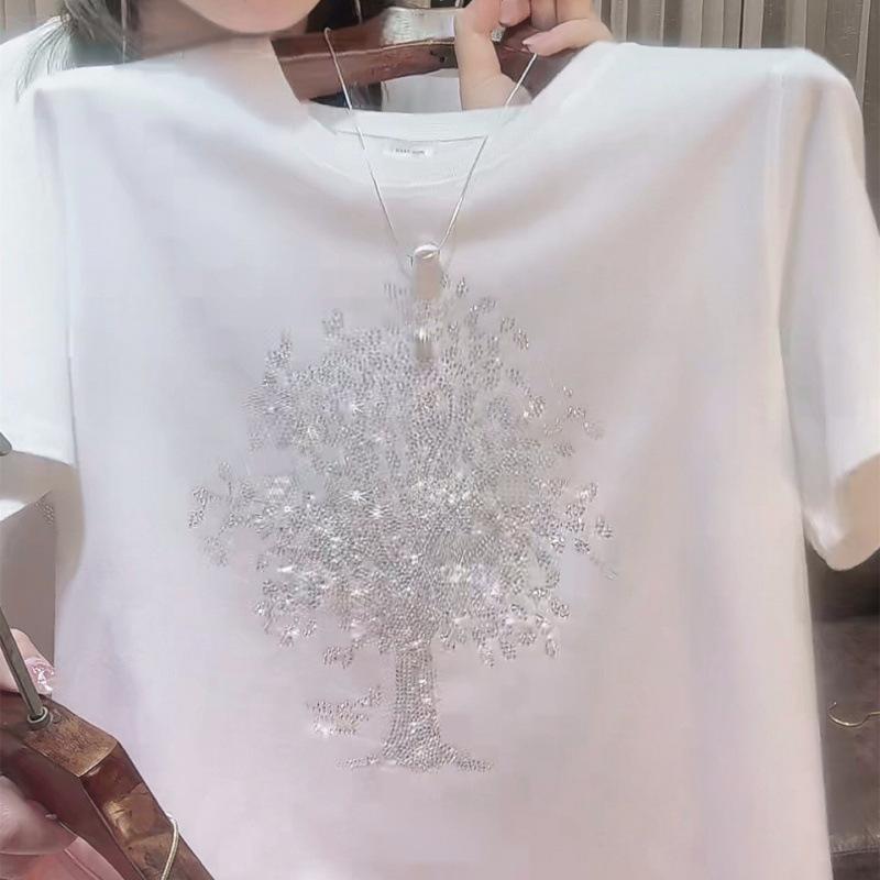 T-shirts Tops Décontractés d'Été pour Femmes Col Rond Imprimé Diamants Couleur Unie Ample Manches Courtes