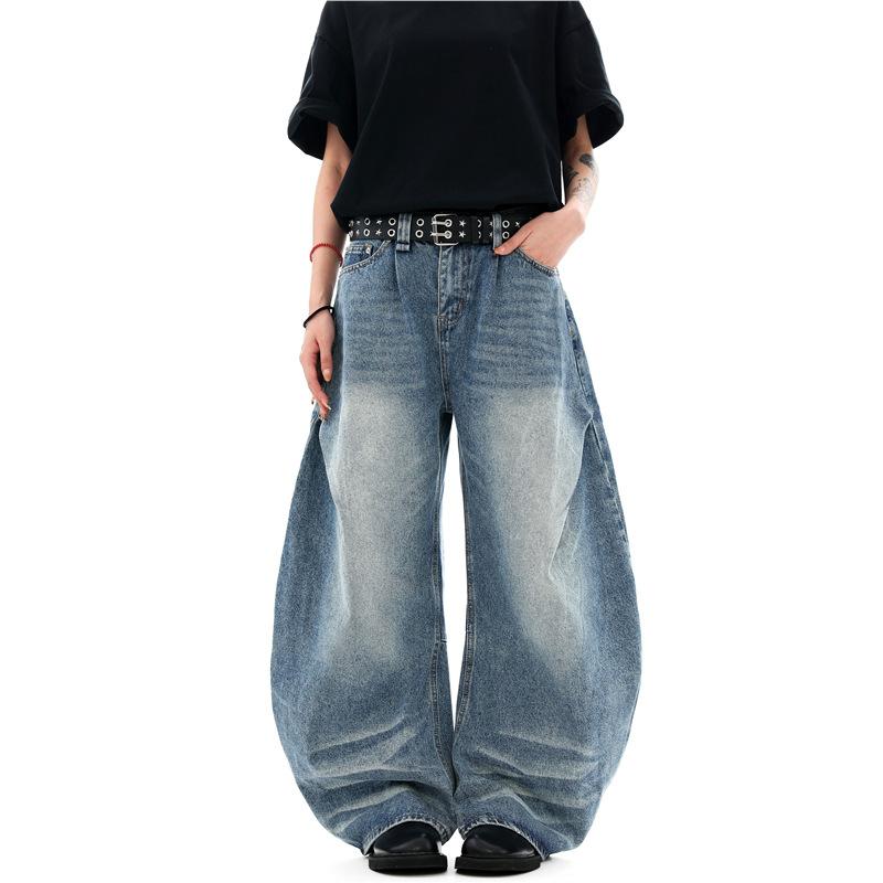 American Retro Old Silhouette Scimitar Jeans Women's Design Feeling Wrinkled Loose Straight Wide Leg Mopping Pants Tide