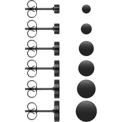 6 Pairs Black Stainless Steel Stud Earrings Unisex Round Flat Top Stud Earrings Men Women Earrings (3 Mm - 8 Mm)