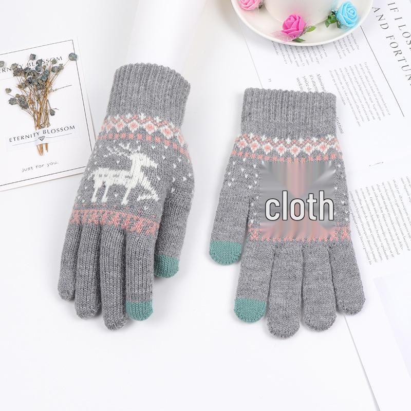 Korean Style Women's Warm Touch Screen Wool Gloves with Elk Print - Autumn/Winter Fashion, Christmas Couple Edition.