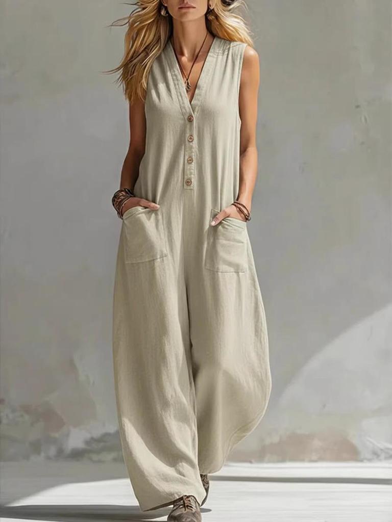 2026 European & American Style Dual Pocket Sleeveless Linen-Cotton Jumpsuit