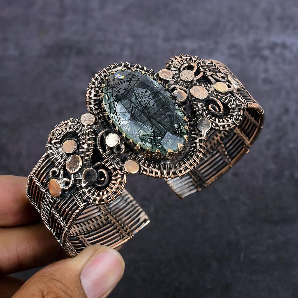 Natural Black Rutile Gemstone Copper Wire Wrap Cuff Bangle Adjustable K3P57