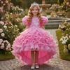 European & American Kids' Short-Sleeve Bubble Dress with 3D Flowers, Formal Multi-Layer Cake Train Design