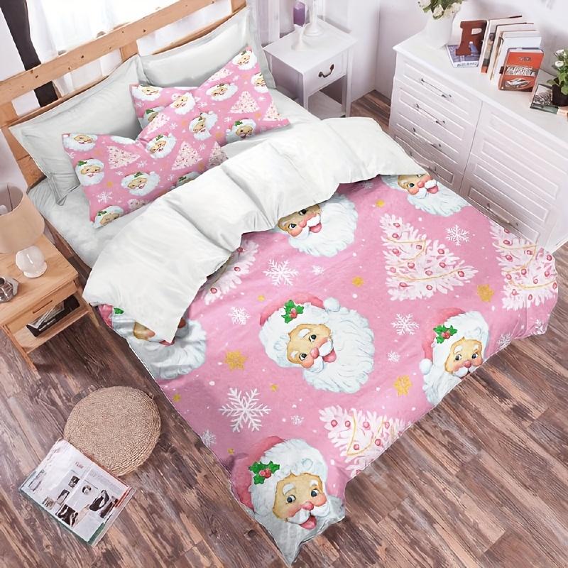3-teiliges Weihnachts-Quilt-Set Rosa Weihnachtsmann Bettwäsche Weiche Mikrofaser Bettbezug Winterurlaub Schneeflocke Weiß Baum Muster