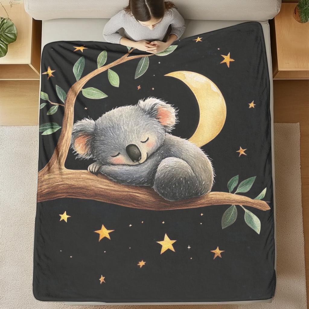 Cute Koala Sleeping on a Branch Pattern Flannel Blanket - Soft and warm, perfect for sofas, beds, chairs, camping, and as a holi