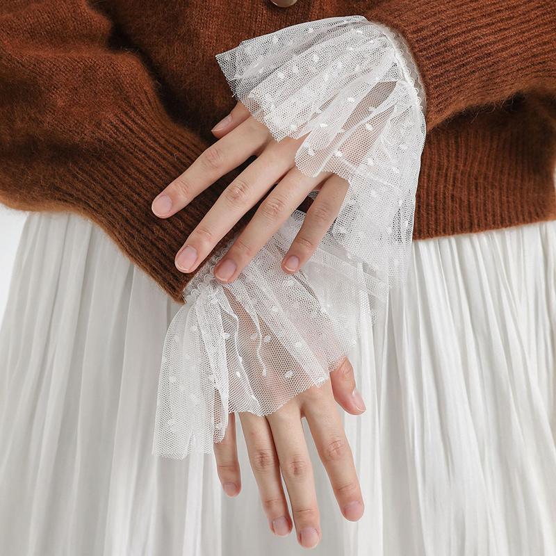 1Pair Detachable Cuffs Pearl Lace Mesh Fake Flared Sleeves Double Layer Pleated Ruched False Cuffs Sweater Blouse Wrist Warmers