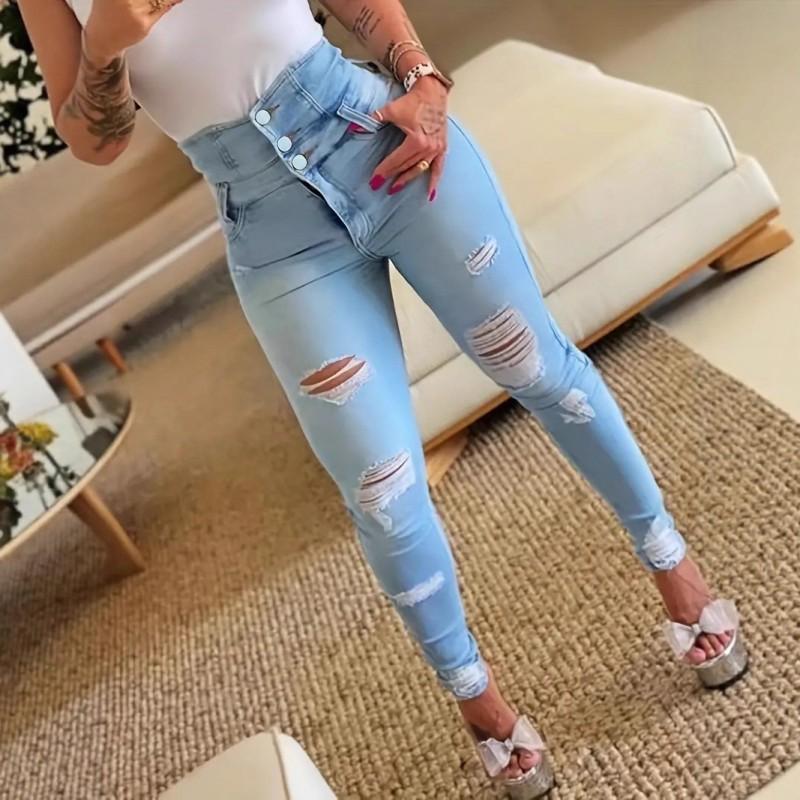 

Broken Hole Hip High Waist Tight Cow Pants Skinny Stretch Jeans Multi-breasted Pencil Light Blue S світло-синій колір