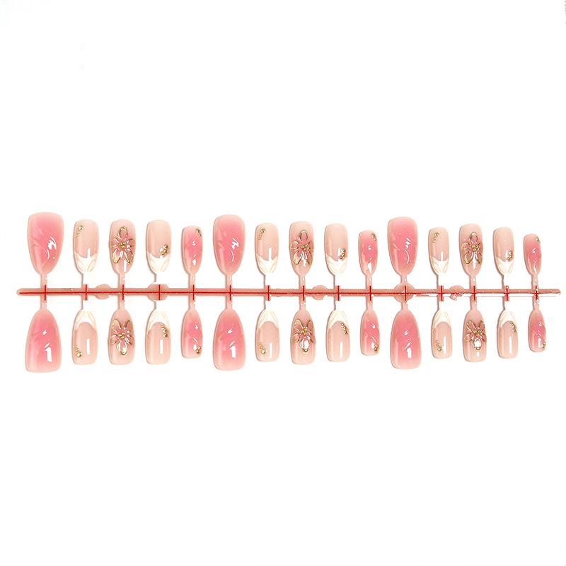 Hot-Selling 3D Pink Flower Gilded False Fingernails: Short Wearable Nail Art Set