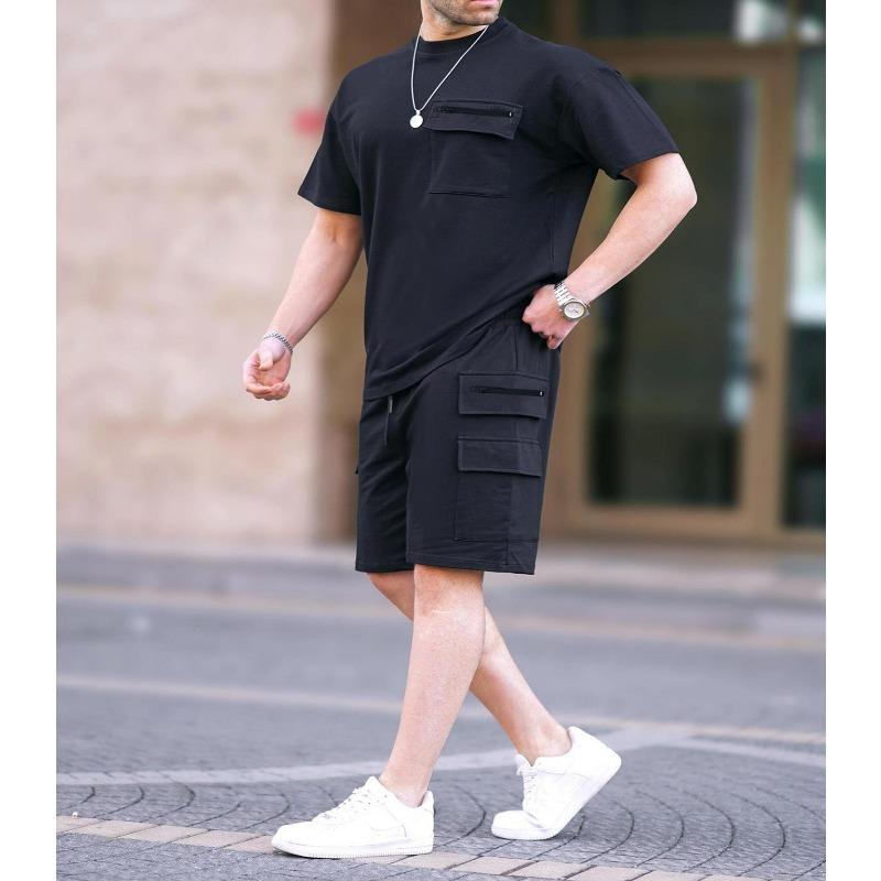 Men Solid Color 2 Piece Outfit Short Sleeve T-Shirt And Cargo Shorts Set With Zipper Pockets