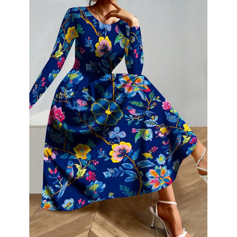 Womens Purple Floral Print Long Sleeve Maxi Dress - Elegant Party In Milk Silk Fabric