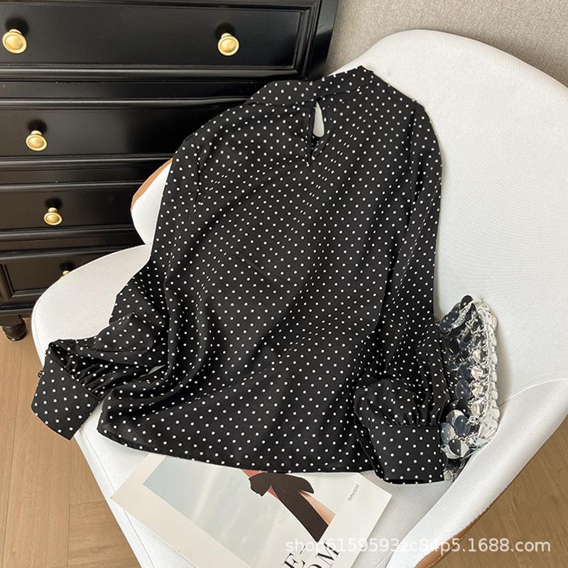 Unique design, chic polka dot long-sleeved shirt, women's 2025 new high-end slim-fitting versatile and thin top