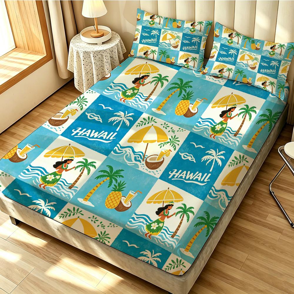 3pcs Beach Vacation Coconut Tree Print Coreless Bed Sheet Set Multiple Sizes Soft Bed Covers, Bedroom Bedding Decorations, Gifts