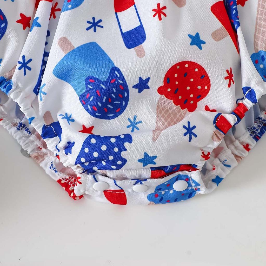 0 to 24 Months Baby Girls Smocked Spaghetti Strap Bodysuit Ice Cream Flag Print Summer Triangle Romper Newborn Infant Crawling Outfit