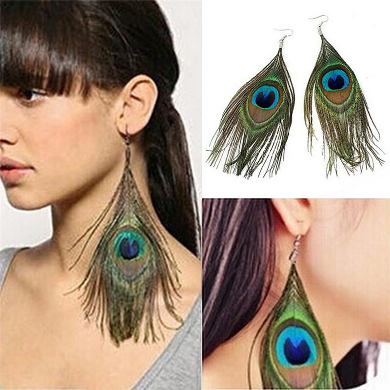Style Assorted Color Peacock Natural Feather Earrings Drop Earrings