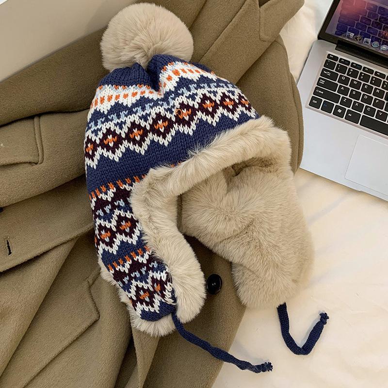Fair Island contrasting color knitted wool hat women's season versatile big head circumference showing face small ear protection warm pullover hat