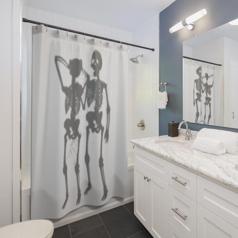 Funny Skeleton Couple Halloween Shower Curtain With Wedding Theme Pattern, Humorous Bathroom Decor For Couples Gift Idea