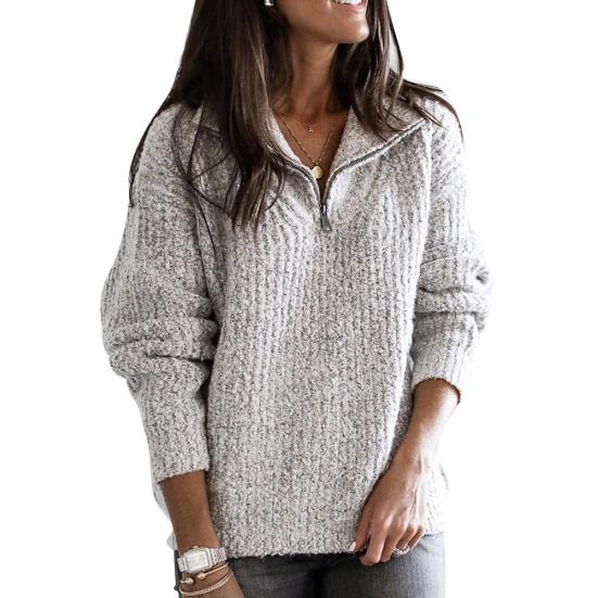Maglione Pullover da Donna con Cerniera Revers Manica Lunga Largo in Maglia Tinta Unita