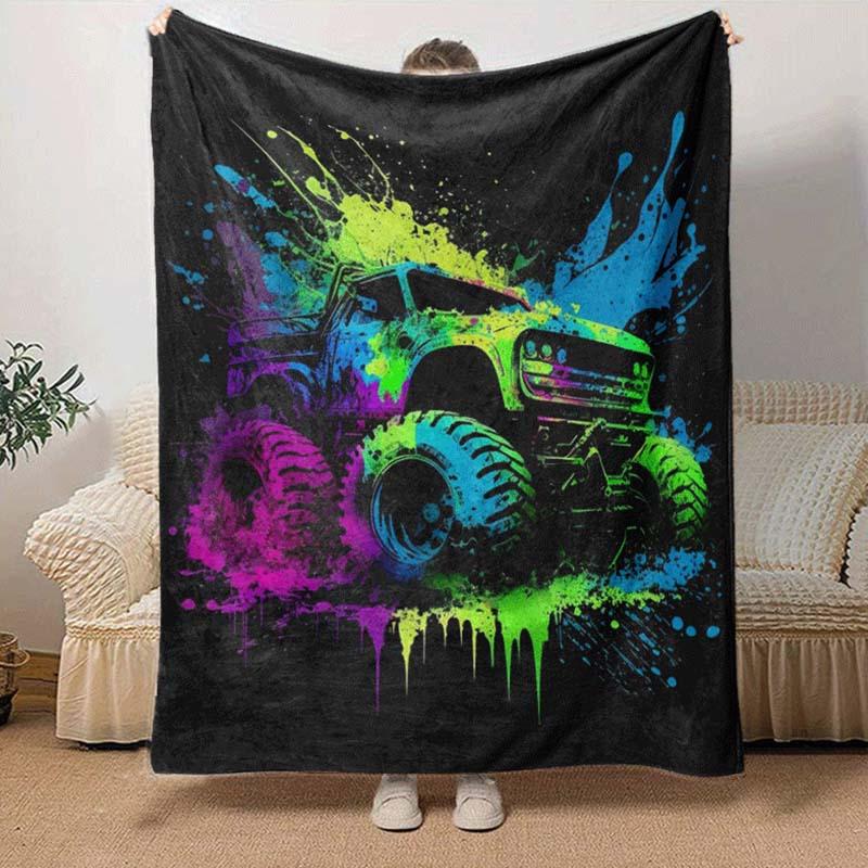 1pc Monster Truck Printing Lightweight Flannel Blanket, Comfortable and Warm Blanket,  Sofa Bed and Couch Office, Suitable for Gift Blankets