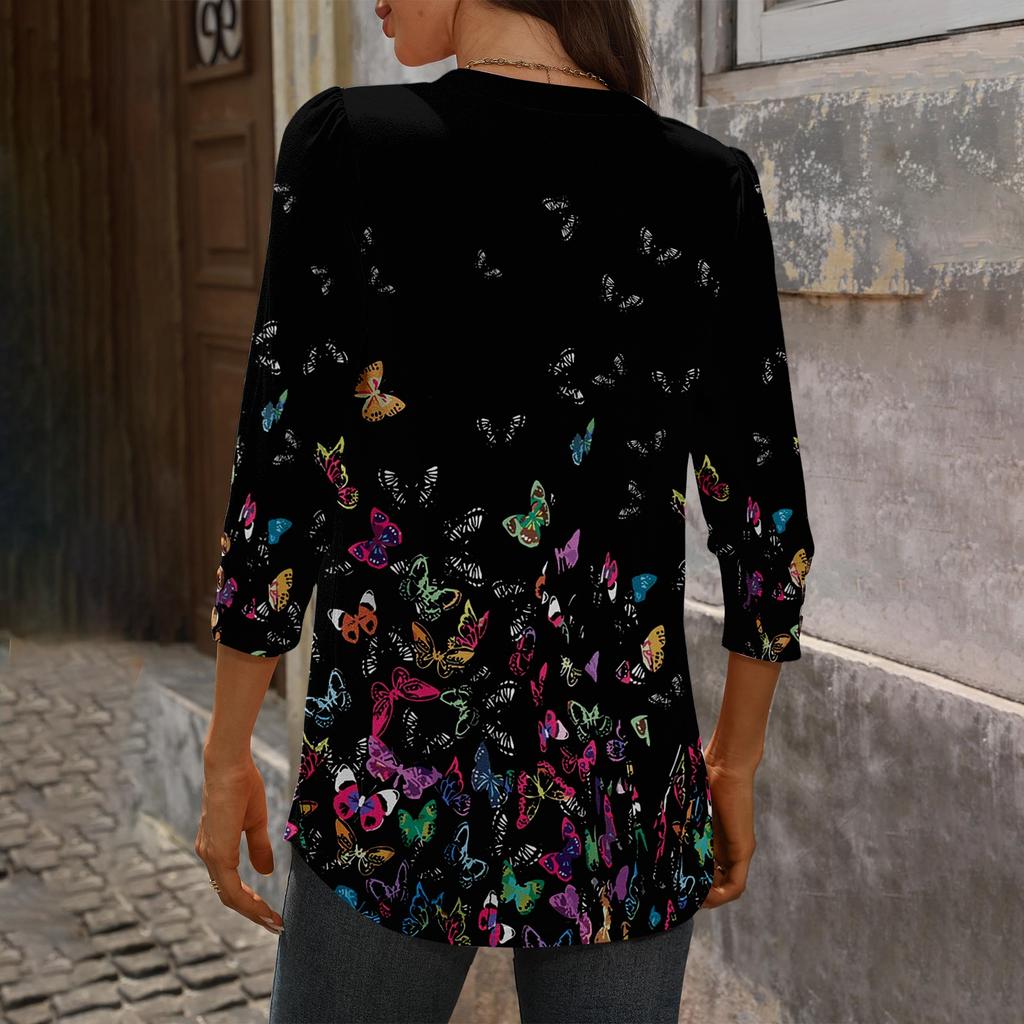 women's retro printed loose 7,inch sleeve top