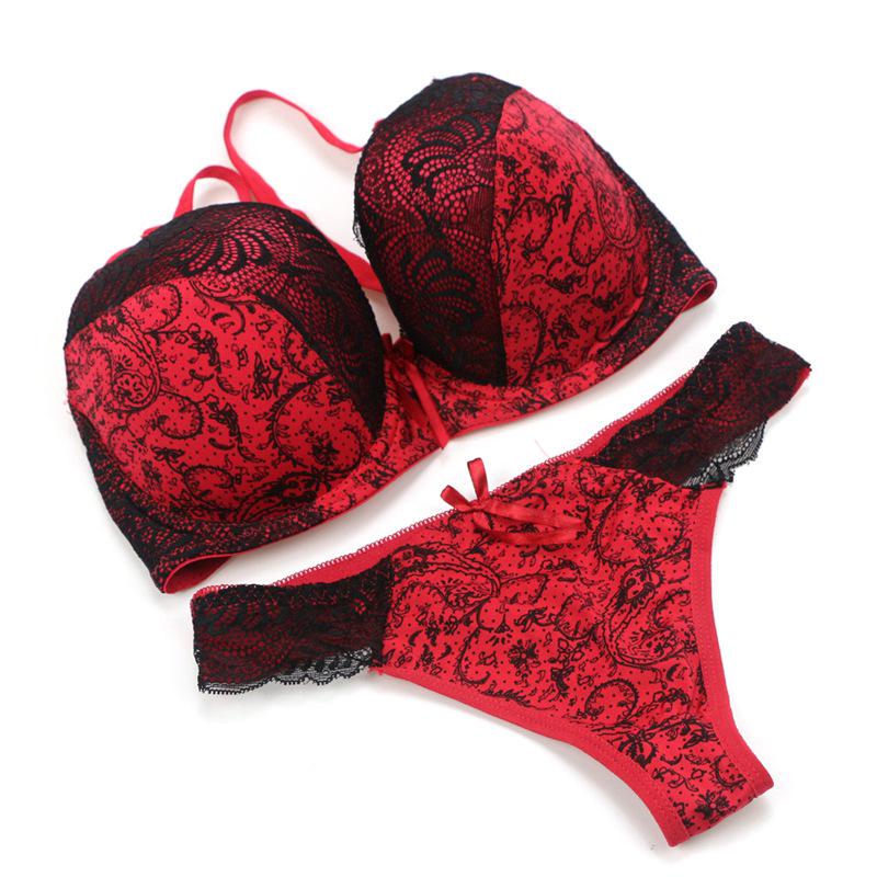 French-style Printed Sexy Lace Push-up Bra and Thong Set Fashionable Lingerie and Panties