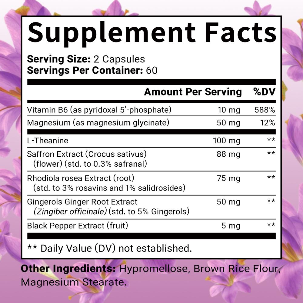 Vitamin B6, Magnesium, L-Theanin, Safranextrakt, 120 pflanzliche Kapseln pro Flasche