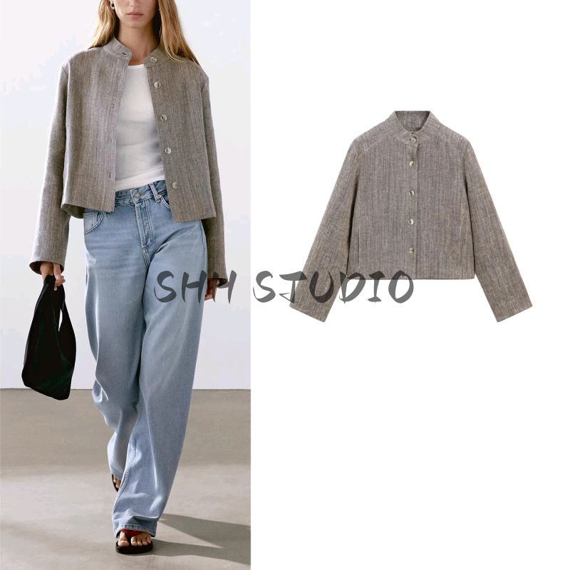MD Spring/Summer New Arrival Women's Clothing Casual Minimalist Style Old Money Relaxed Linen Blended Stand Collar Outwear 6778772