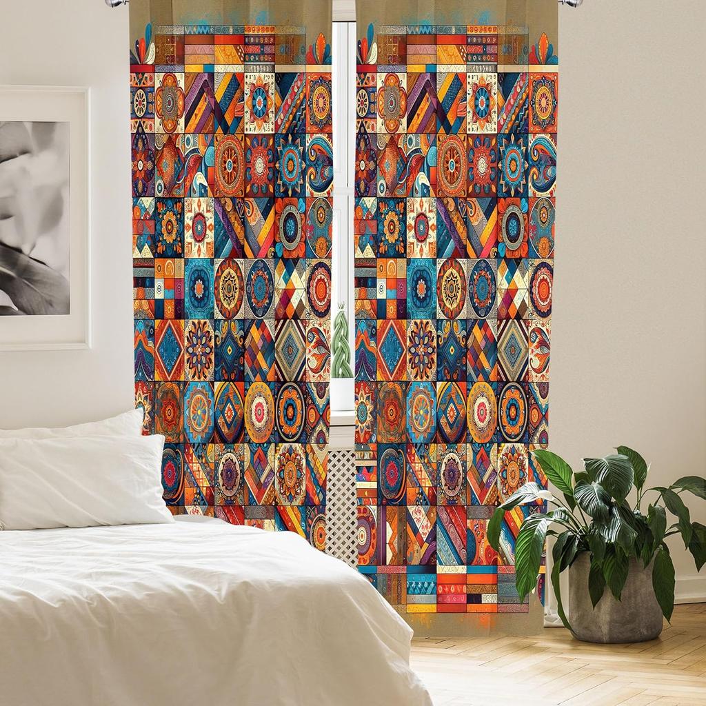 Ambesonne Bohemian Curtains Patchwork Inspired Squares with Mandala Blooms and Folk Geometric Art Window Treatments 2 Panel Se