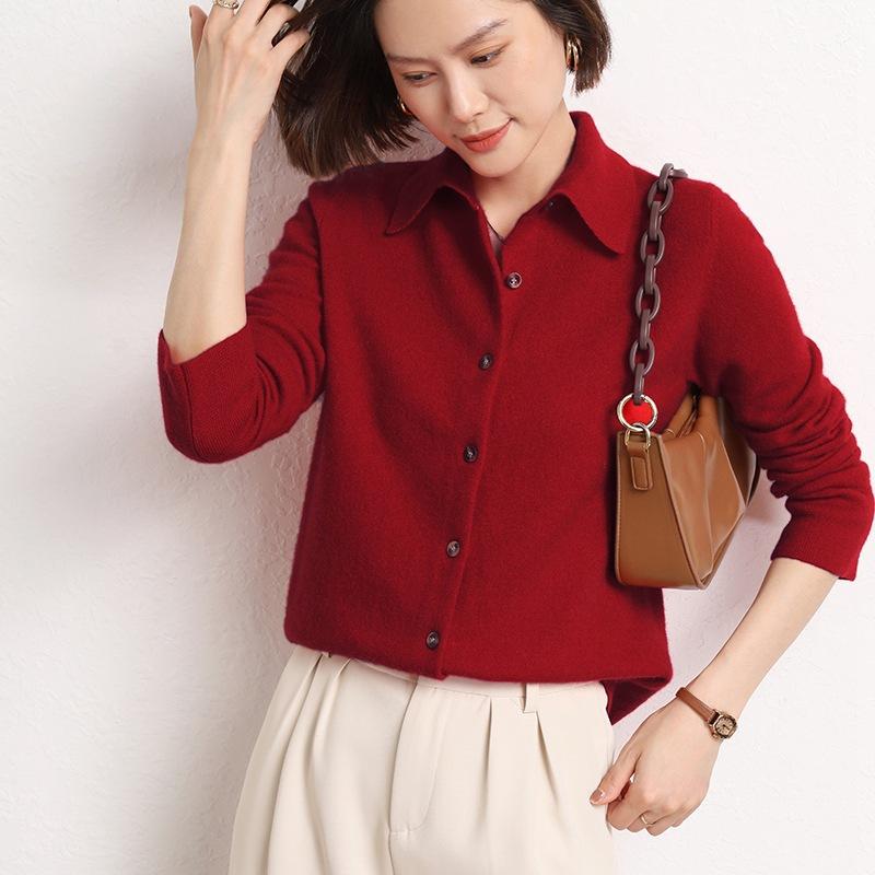 Women's Collar Knitted Cardigan Basic Versatile Top Spun Wool Jacket Elegant Single Breasted Sweater