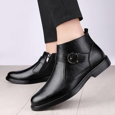 Fashion Luxury Brand Men's Comfortable Side Zipper Two-layer Leather Mid Top Leather Boots Autumn and Winter Men Plush Warm Cotton Shoes