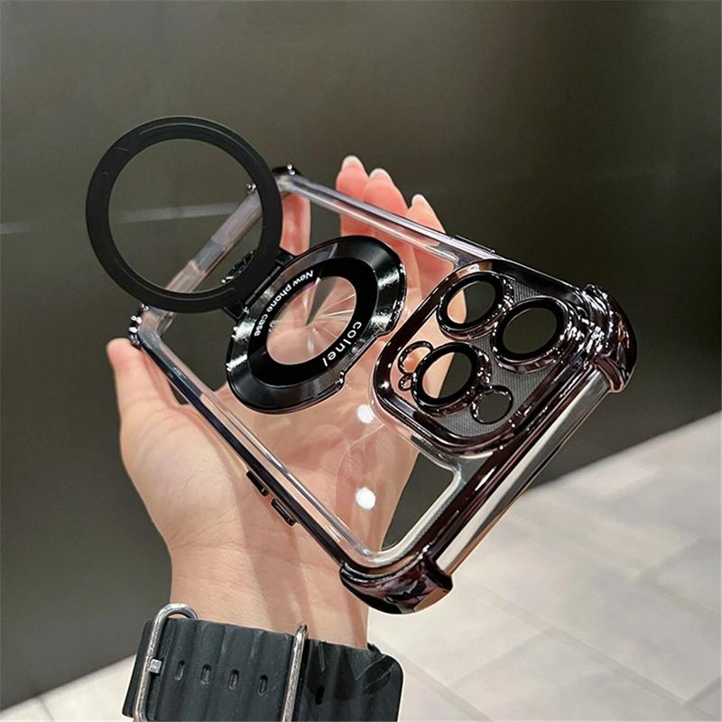 Luxury Shockproof Magsafe Clear Phone Case For iPhone 11 12 13 14 15 16 17 Pro Max Plus Magnetic With Holder Stand Bracket Cover